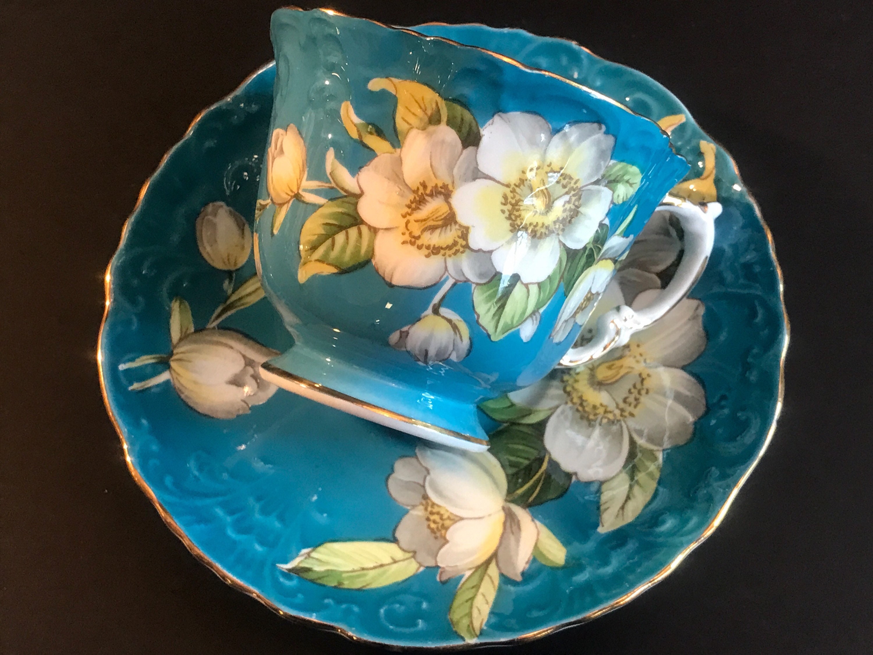 Vintage Bone China England, Aynsley Turquoise Blue Dogwood Flowers