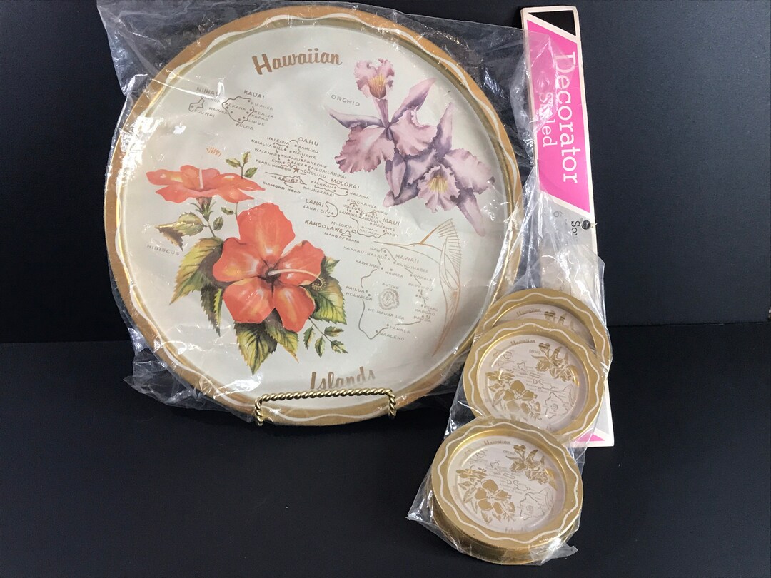 Vintage Hawaiian Tin Tray With Coasters, Island Map, MCM Decor