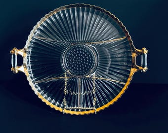 Vintage Jeannette-glas 'National' relish dienblad – helder glas met gouden rand – serveerschaal met 6 vakken en handgrepen – jaren 1950