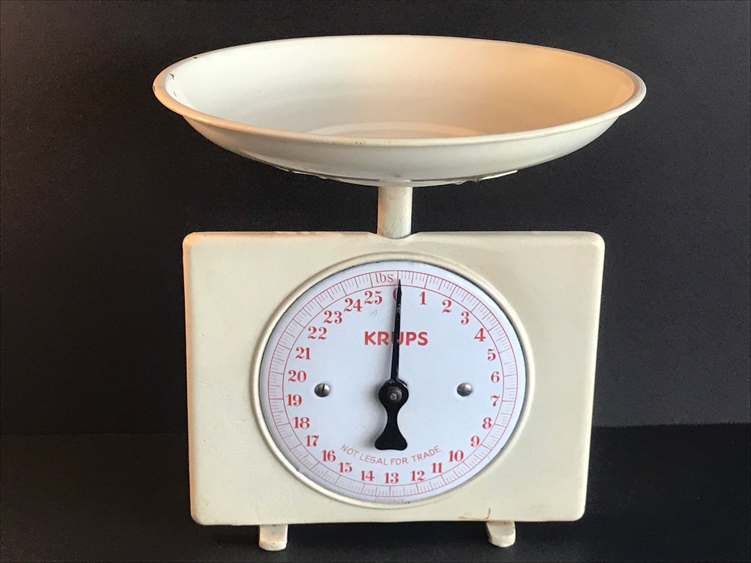 Antique, Krups Germany, Metal Kitchen Scale, Art Deco, 25 Lbs, Cream Metal With Round Tray