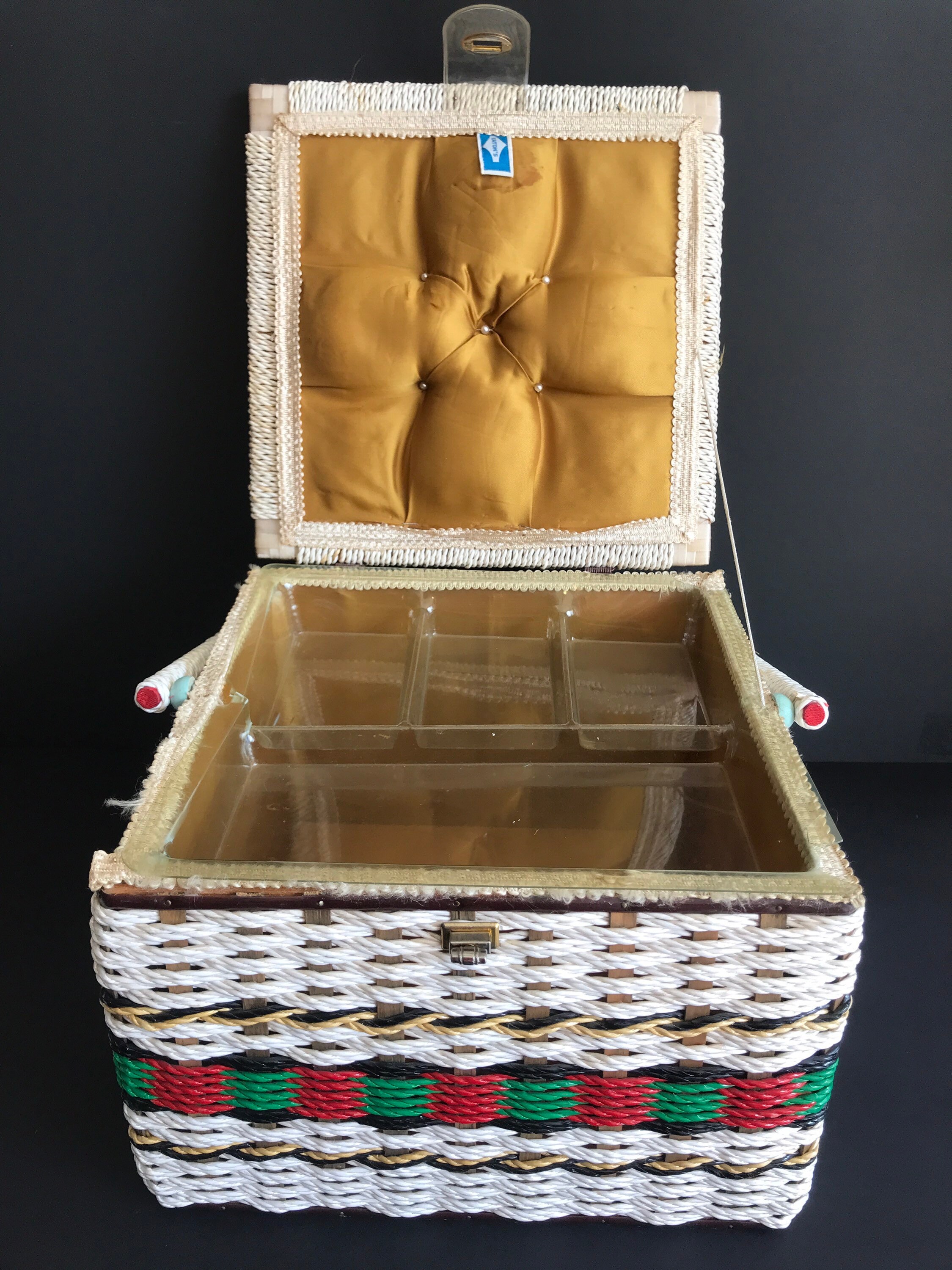 イマン スクエアストッカー アンティーク Vintage Mid Century Wicker Sewing Basket, Tapestry Floral Lid