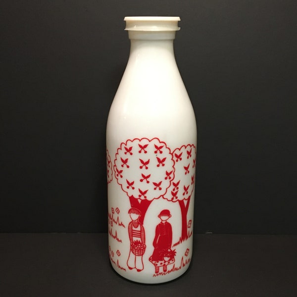Milk Glass, Storing Milk, Serving Juice, Red and White ,Farm decor, red pic of Children, made in Portugal 1970