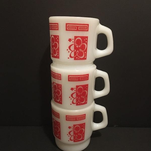 Vintage Anchor Hocking Fire King Milk Glass, USA, red Atomic, tea coffe mugs, 1960s choose quantity