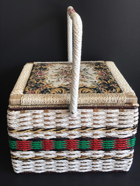 Vintage Mid Century Wicker Sewing Basket, Tapestry Floral Lid