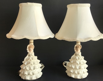 Vintage, Pair of Porcelain Lamp with Original Lampshades, Woman Figurine,  Table Lamp, White & gold accent, Made in Japan,Tested Working