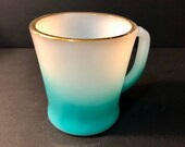 Vintage Fire King Anchor Hocking Mug Teal and White Degraded D Handle Gold Rim 1960 39 s