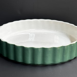 Vintage Sage Green Ceramic Tart Dish – Brazilian Quiche Pan, Fluted Pie Plate