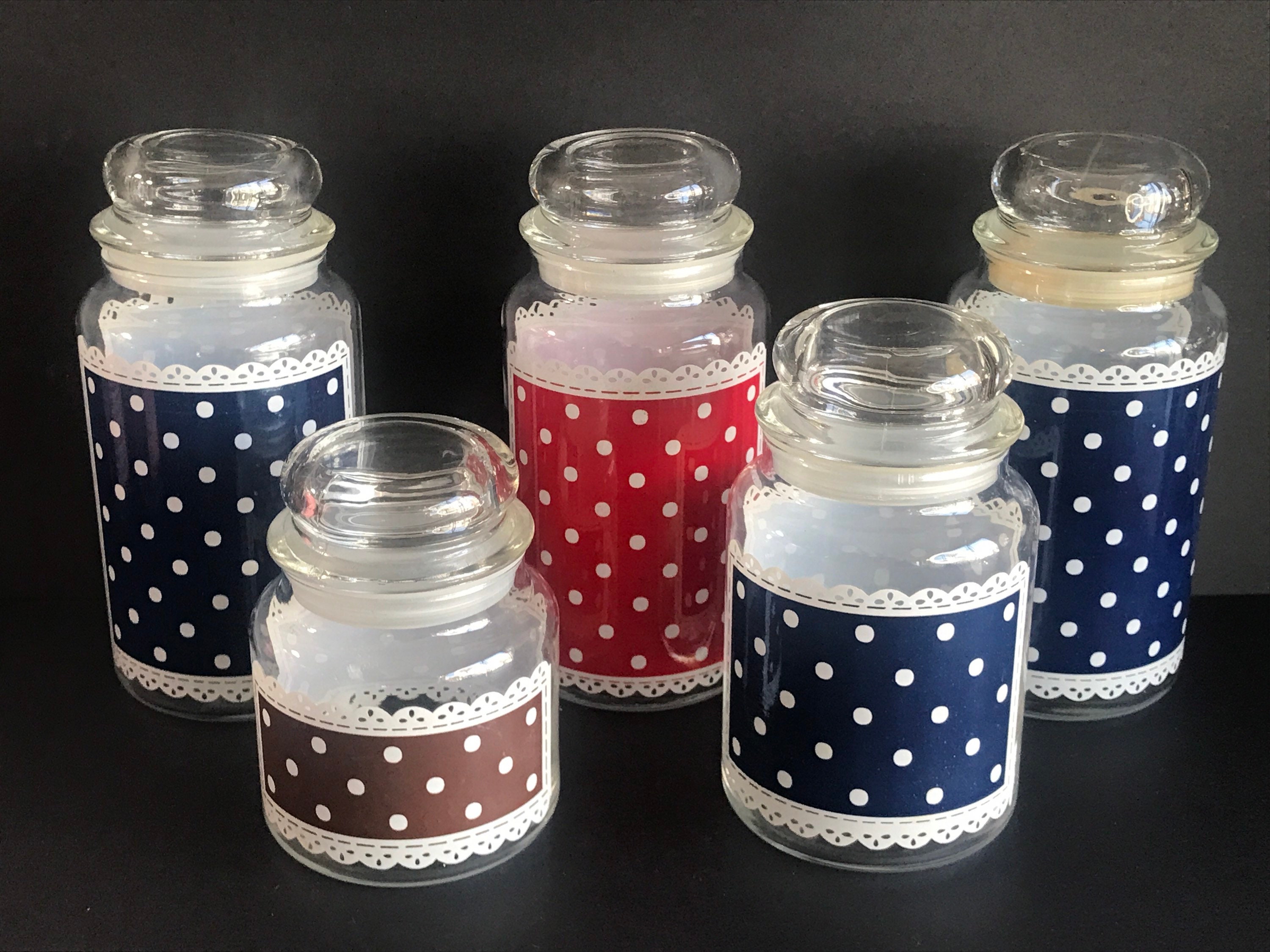 ヴィンテージ、アンカーホッキングガラスジャー水玉模様レース、レッド