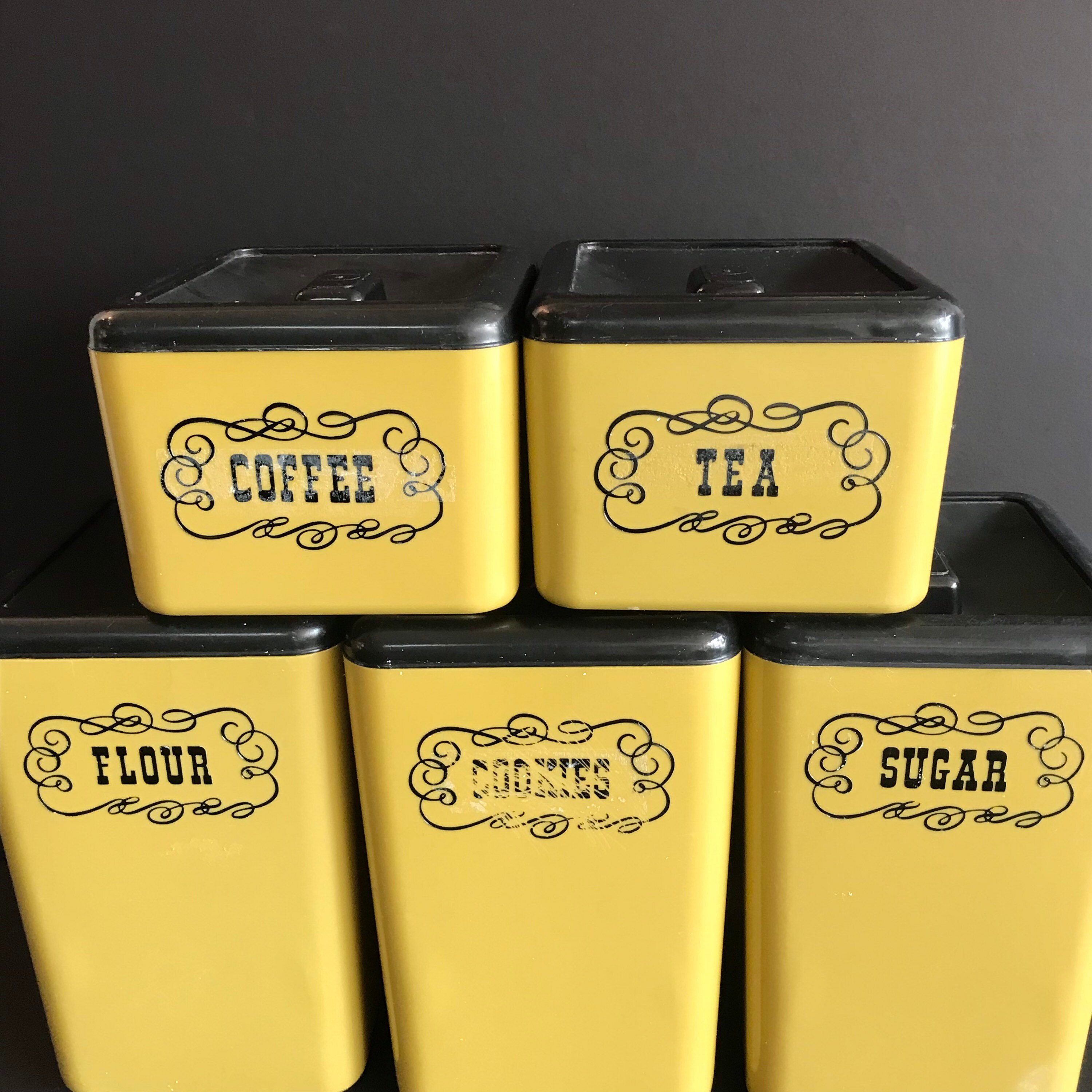 Vintage Yellow & Black Tin canister set with Black lids Etsy