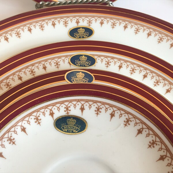 Vintage Aynsley Durham   #1646, Burgundy and Gold Bone China England , Dinner plates, saucers, Salad plates Replacement with original label