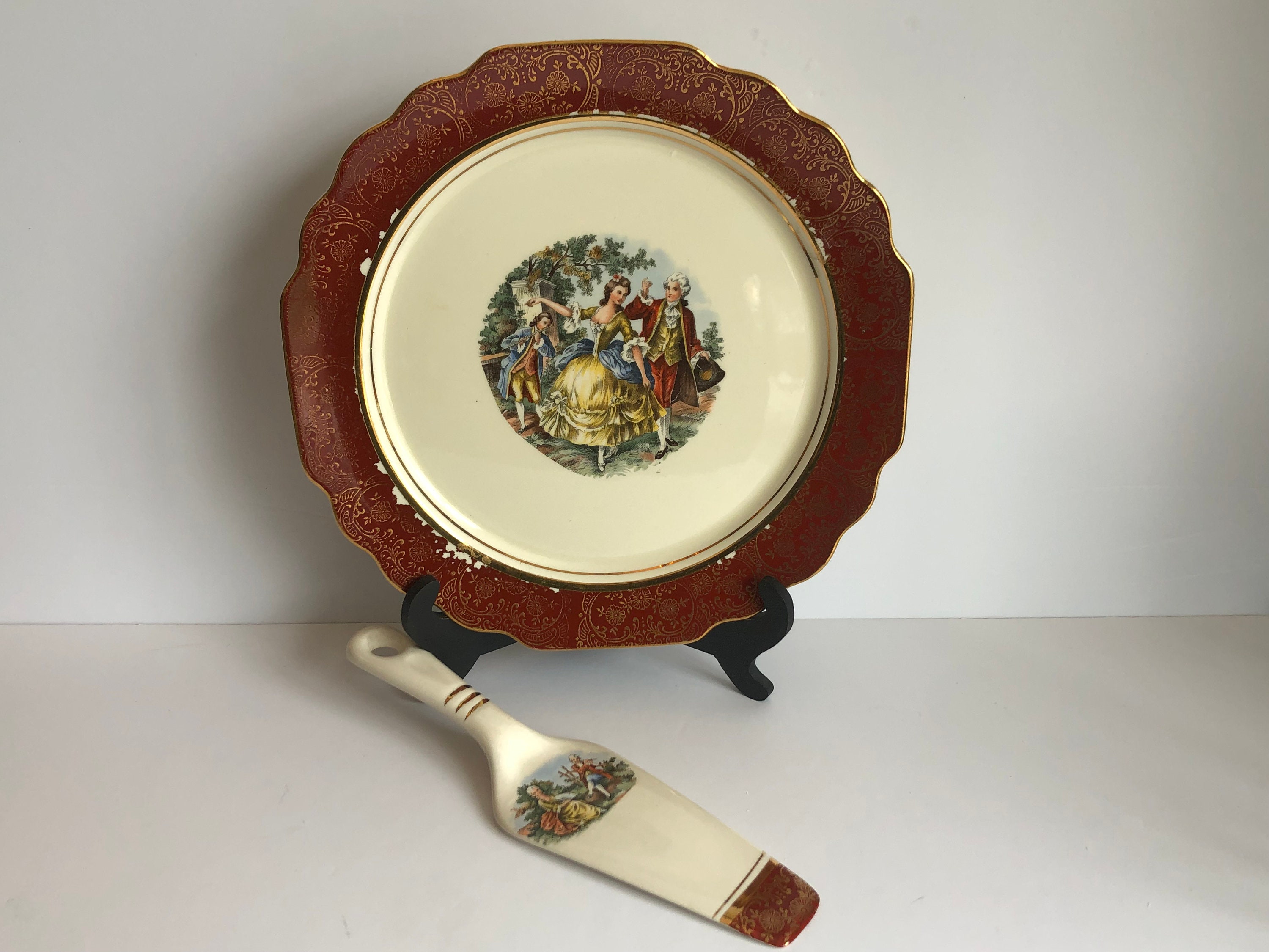 Vintage W. S. George Cake Set, Colonial Couple Design, 22 Kt Gold