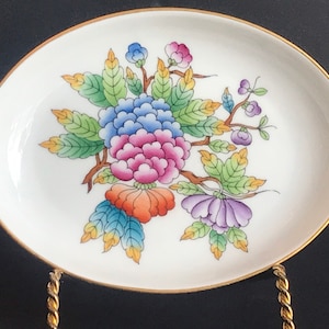 Vintage Herend Hungary Queen Victoria Oval Tray, Hand Painted Floral Trinket Dish