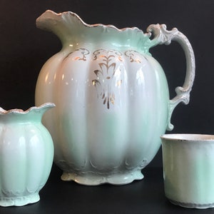 Vintage Large Wash Bassin & Water Pitcher, Vase, Mug, 4 pieces Vanity Set, Green, white with gold detail,Home decor image 3