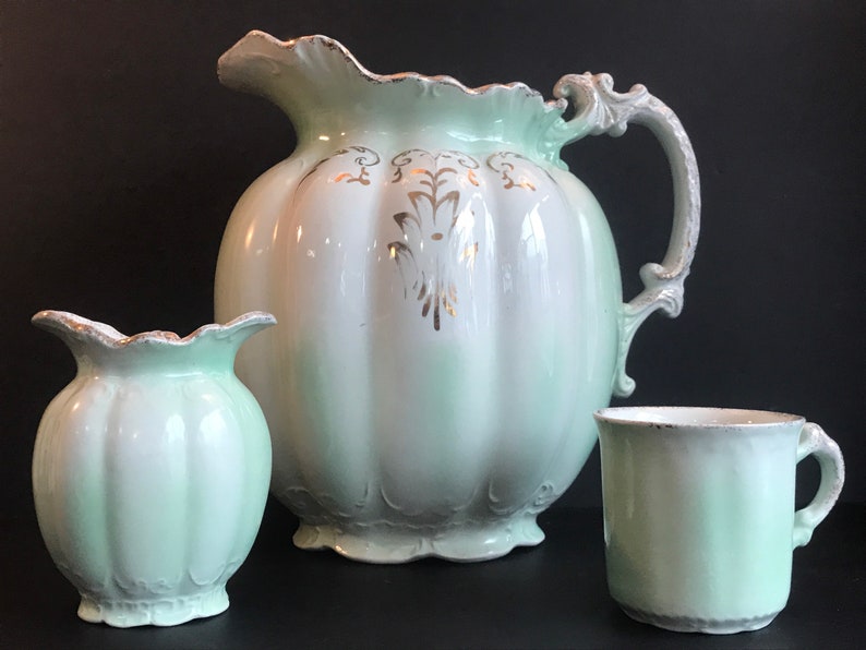 Vintage Large Wash Bassin & Water Pitcher, Vase, Mug, 4 pieces Vanity Set, Green, white with gold detail,Home decor image 3