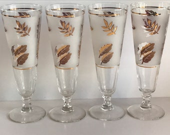 Vintage, Pilsner Glasses by Libbey, Frosted, Gold Leaves, Set of 4 Beer Glasses, MCM Retro Barware 1950’s,