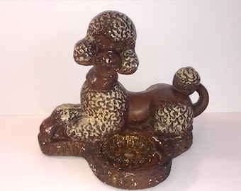 Vintage, MCM Ceramic poodle Dog, Brown and white, Hand painted ceramic Ashtray Retro 1950's