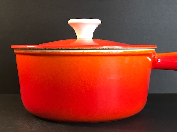Vintage Descoware Red Orange Casserole, Enamel Cast Iron Dutch