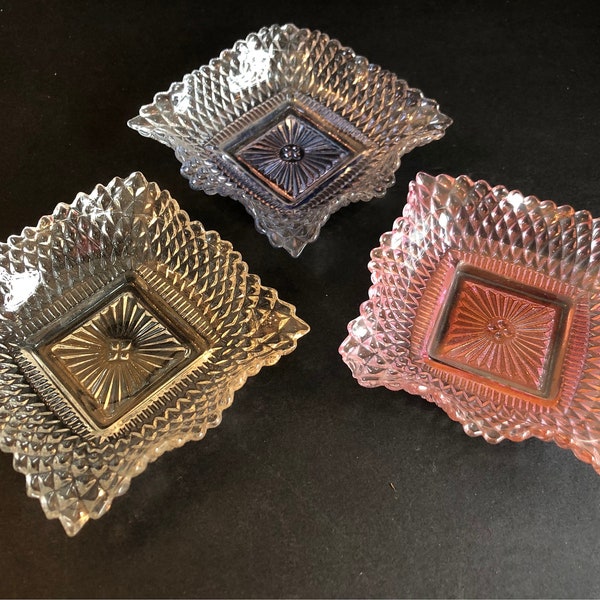 Vintage,  Westmoreland Pink, Blue and Clear  glass  English Hobnail 4.5" Square Ruffled Candy Dish, Trinket Dish set of 3