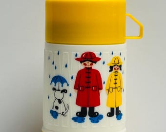 Vintage Kids Thermos: 1980s White & Yellow Children in Raincoats