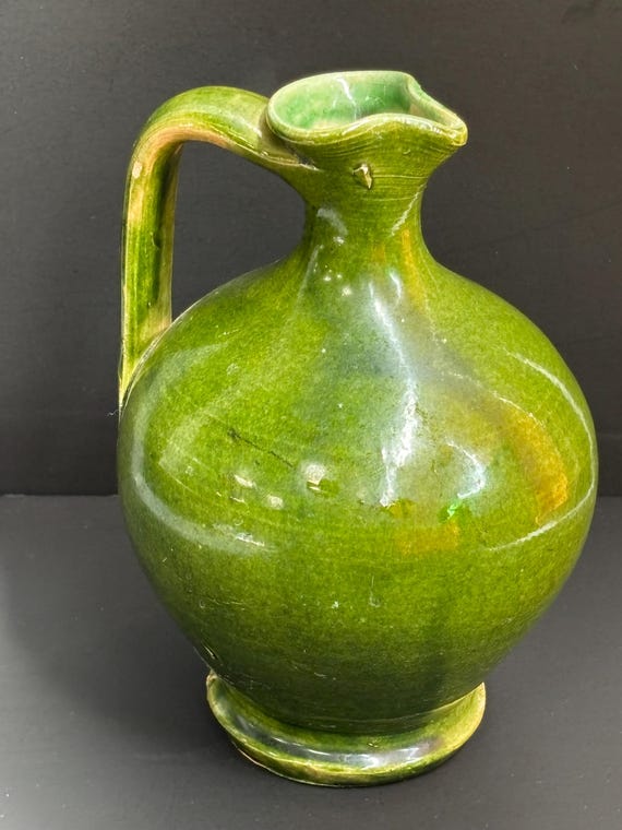 Vintage Apple Green Ceramic Pitcher - Glazed Artisan Pottery Jug - Rustic Provincial Style Vase