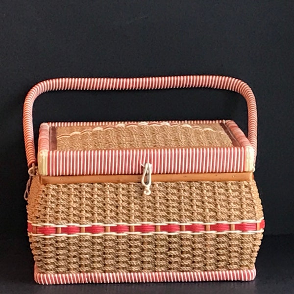 Vintage, Wicker Sewing Basket with Handle, Cream with Red and White Stripes, Rattan and plastic, Pink Satin Interior, Retro Box
