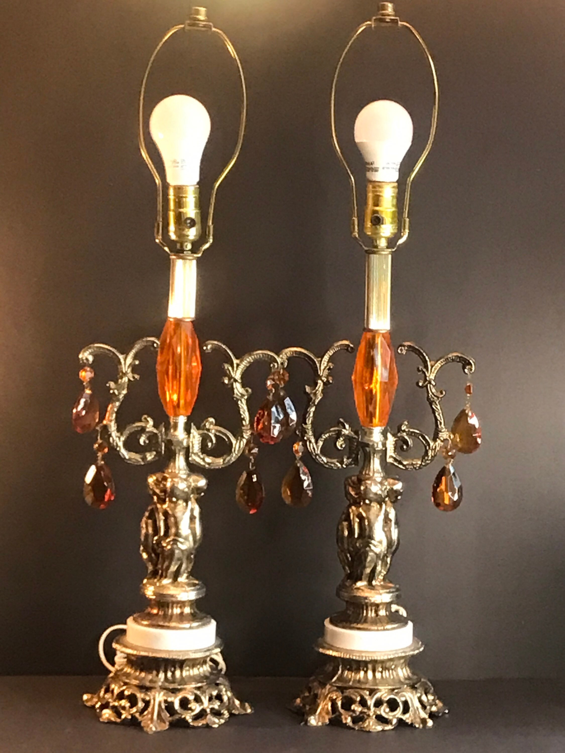 Hollywood Regency Brass Lamps, Marble Base, Orange Lucite Prisms