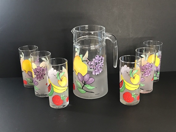 French Vintage Fruit Pattern Glass Pitcher and Juice Glasses. 