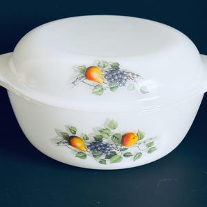 Vintage Arcopal France Casserole Dish, Fruits de France Milk Glass Ovenware