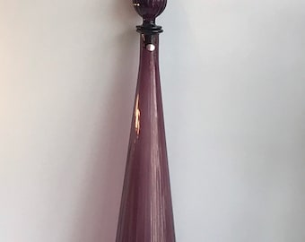 HTF Vintage, MCM Genie Bottle, Empoli Italian Fluted Amethyst, Decanter with stopper and Original Label, 27 inches Tall, Art Glass 1960's