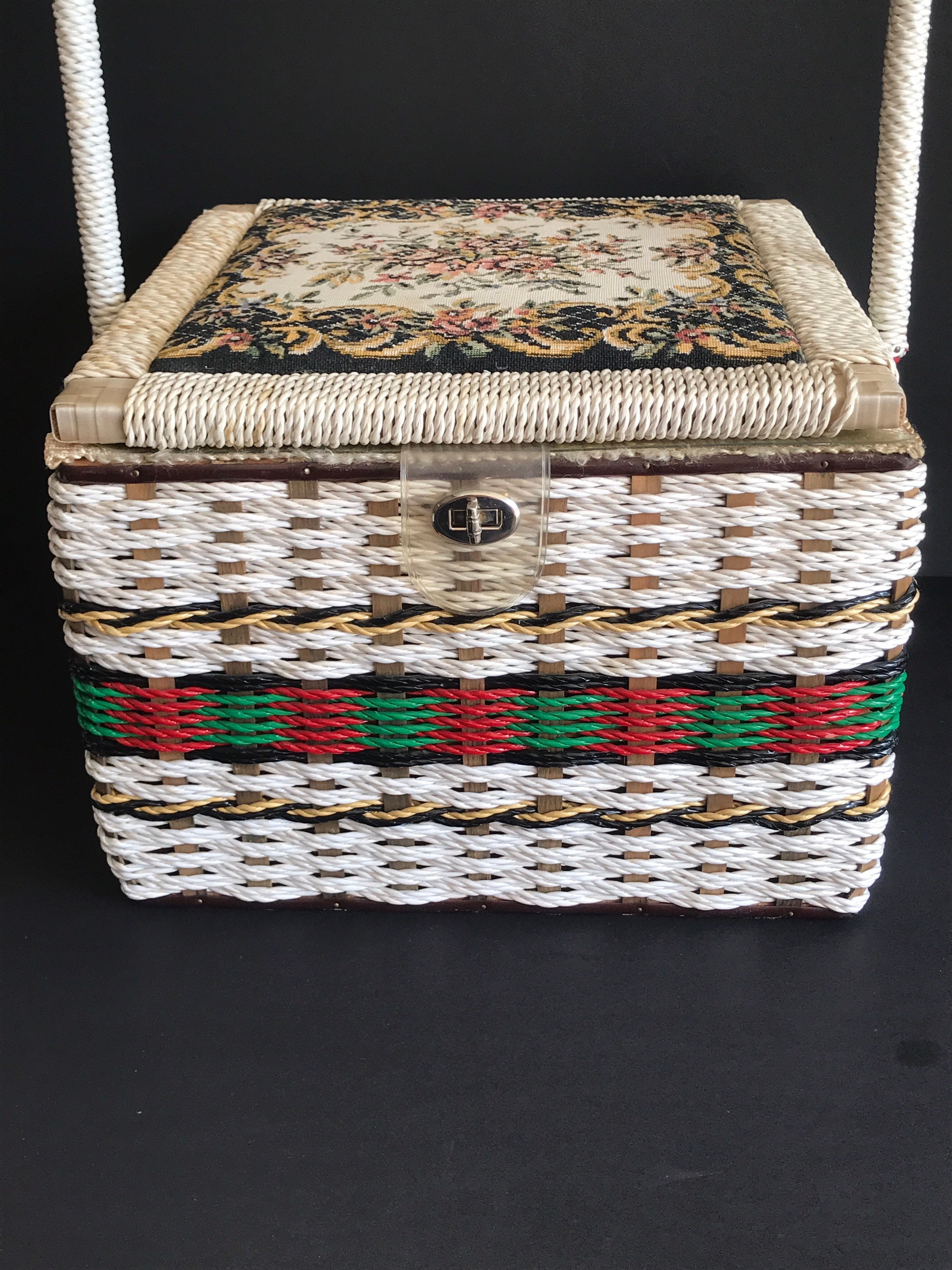 Vintage Mid Century Wicker Sewing Basket, Tapestry Floral Lid
