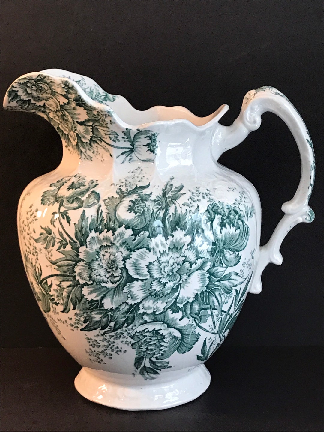Antique, Victorian Wash Basin Pitcher, Green Transferware , Ironstone
