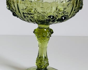 Fenton Cabbage Rose Compote | Colonial Green Art Glass Candy Dish