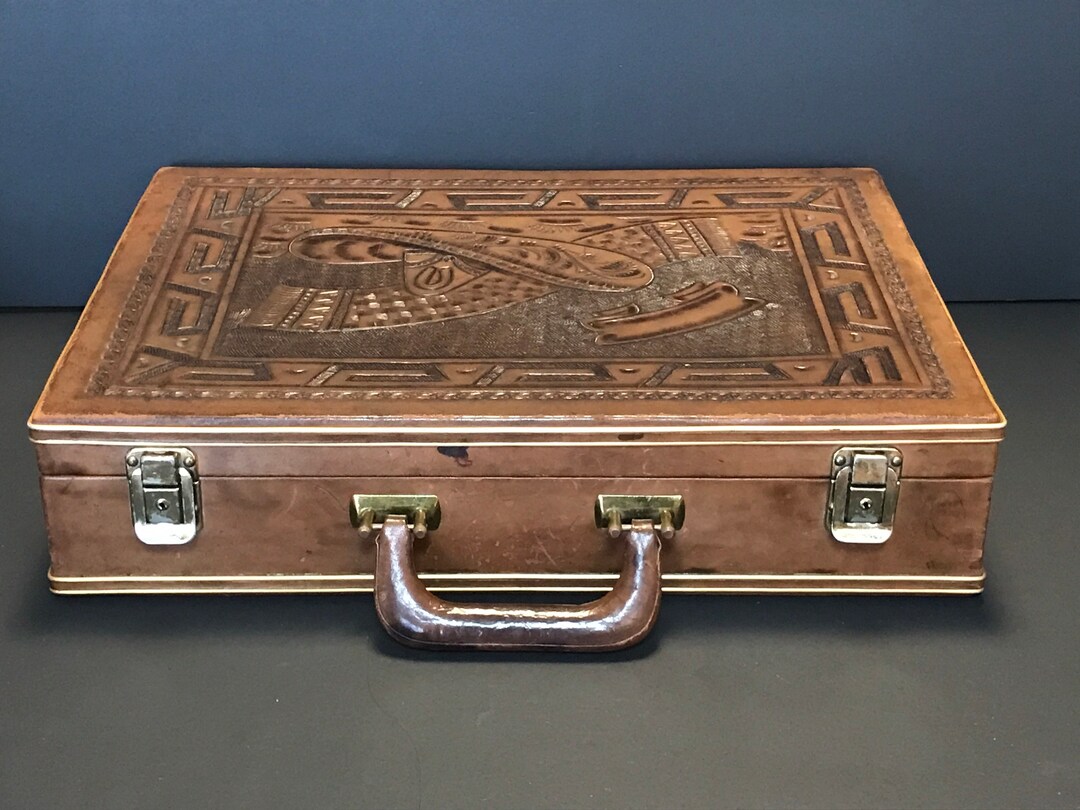 Vintage Hand Tooled Leather Briefcase Mexico Aztec Calendar Etsy