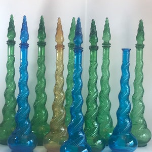 vintage MCM Genie Bottle,Empoli Italian, Snake Skin Pattern, Blue, Green, Amber Glass Decanter votre couleur, Vendu individuellement