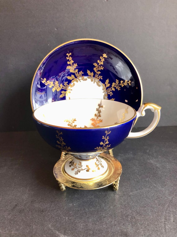 Vintage Aynsley Bone China Cup and Saucer, Navy Blue Gold Leaf