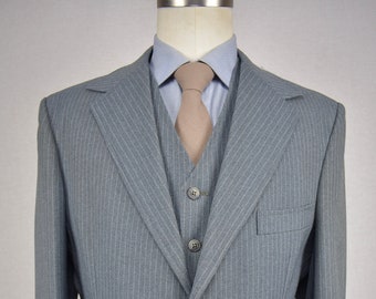 1980's Lee Wald Gray Striped Polyester Two Button Three Piece Suit Size: 42R