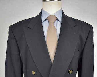 1976-1994 Nino Cerruti Solid Black Wool Double Breasted Blazer Size: 46L