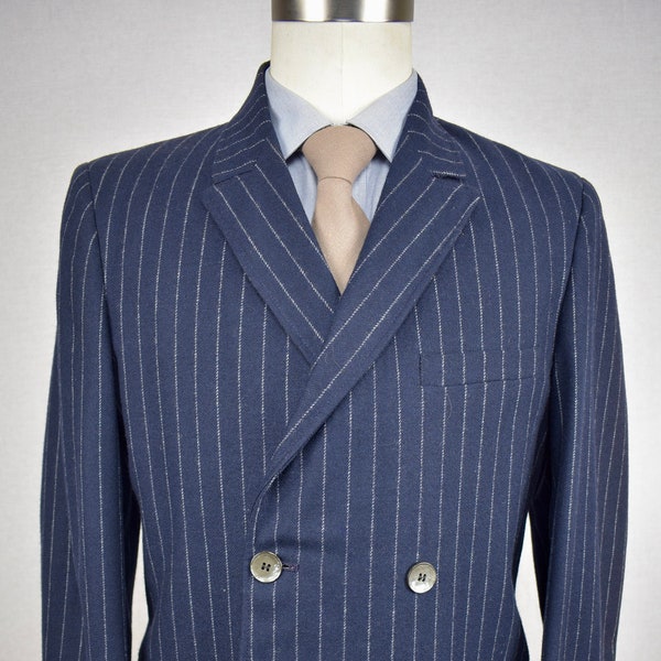 1962-1976 Unbranded Navy Blue Striped Wool Double Breasted Sport Coat Size: 38S