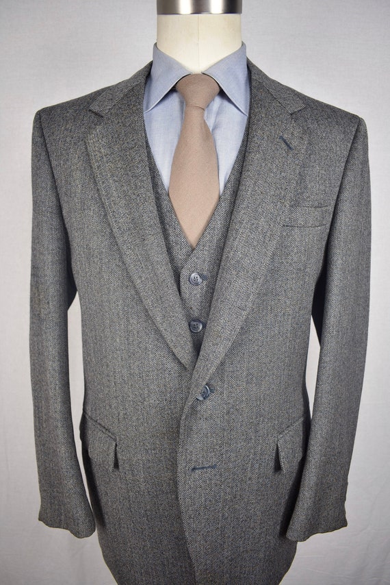1970's Mr. B Gray Herringbone Wool Two Button Thre