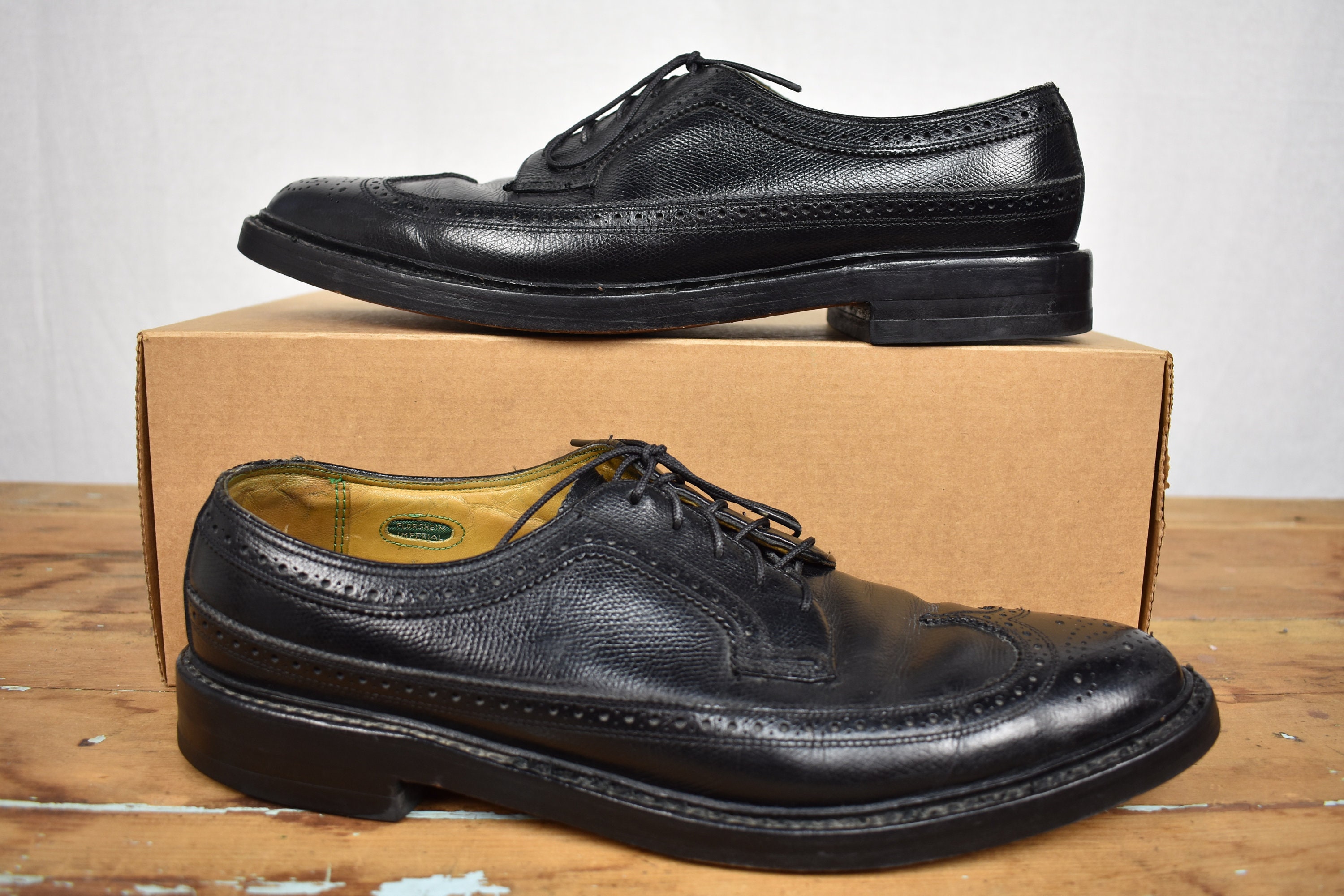 FLORSHEIM IMPERIAL ブラックドレスシューズ 10 Florsheim Imperial Black Longwing Gunboat Blucher W/ Brogued