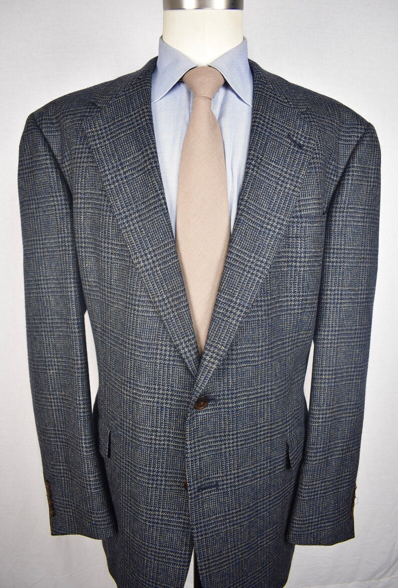 46L Hart Schaffner Marx BlueYellow Glen Check Flannel Wool Sport Coat Size