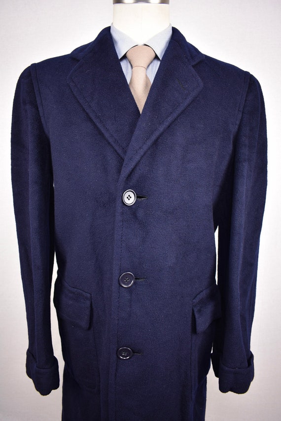 1960 70 s Hickey Freeman Solid Navy Blue Cashmere Three Button Overcoat Sz 42L
