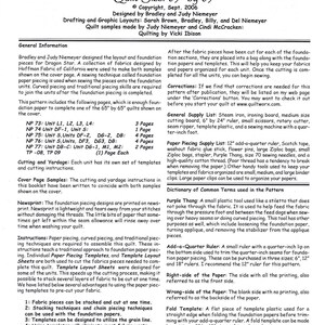 May include: A printed booklet titled "Dragon Star Quilt" with a quilt size of 65" by 65". The cover features text and design elements. The booklet includes instructions, diagrams, and a list of supplies needed for quilting.
