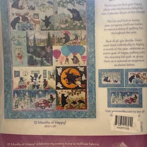 May include: A quilt pattern titled 12 Months of Happy by McKenna Ryan, featuring twelve seasonal blocks with bears, hot air balloons, and holiday scenes. The finished quilt measures 56.5 inches by 81 inches, printed on a product packaging sheet.