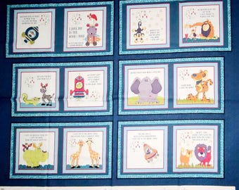 May include: A blue fabric panel with nine squares featuring colourful illustrations of animals and text. Each square has a different animal and a short rhyme about the animal. The animals include a giraffe, a tiger, an elephant, a crocodile, a rocket, a rhino, a monkey, and a bird. The text includes phrases like "I love you to the moon and back" and "My heart leaps with joy when I love you".
