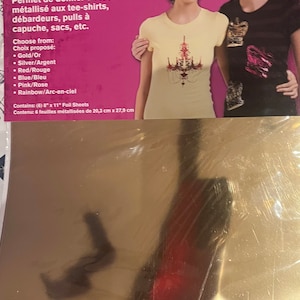 May include: A package of six 8-inch by 11-inch gold, silver, red, blue, pink, and rainbow foil sheets for creating metallic effects on clothing. The package includes instructions for use and examples of how to use the foil sheets on t-shirts, hoodies, bags, and more.