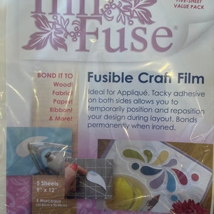May include: A package of InnFuse Fusible Craft Film, a five-sheet value pack. The package shows a close-up of the film being used to create a colorful appliqué design. The package also includes instructions on how to use the film and a list of surfaces it can be bonded to, including wood, fabric, paper, ribbon, and more. The package is made in the USA.