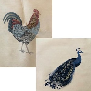 May include: A rooster with a red comb and blue and gray feathers stands on a cream background. Below, a peacock with blue and green feathers and a long tail stands on a cream background.