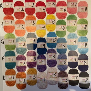 May include: A collection of yarn balls in various colors, arranged in rows labeled with letters R, Y, G, P, and B. Each row has eight balls numbered 1 through 8. The yarn balls are a mix of red, orange, yellow, green, blue, purple, and brown.