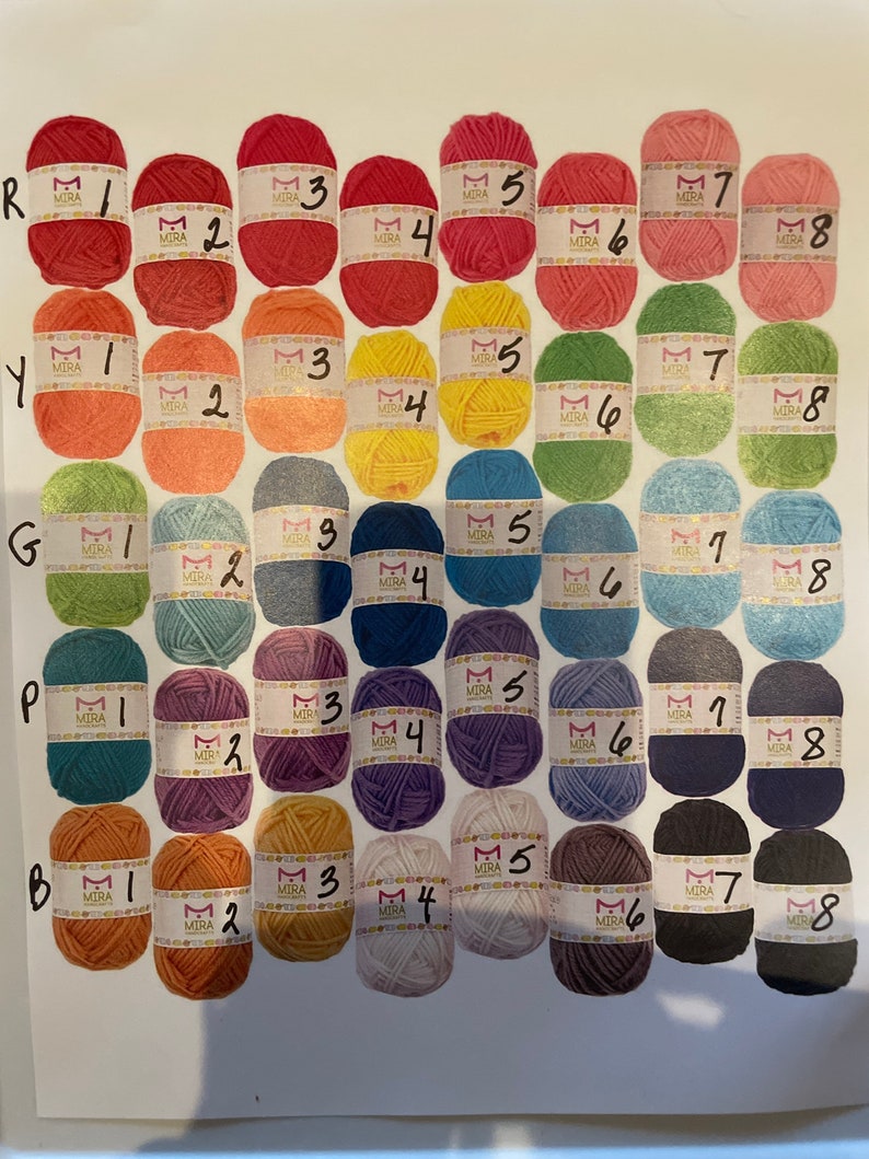 May include: A collection of yarn balls in various colors, arranged in rows labeled with letters R, Y, G, P, and B. Each row has eight balls numbered 1 through 8. The yarn balls are a mix of red, orange, yellow, green, blue, purple, and brown.